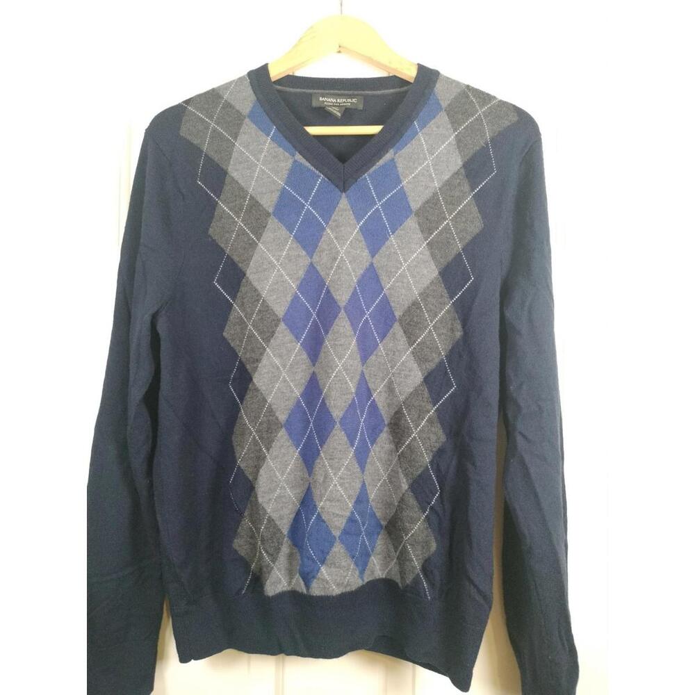Banana Republic Men's M Argyle Sweater 100%‎ Extra Fine Merino Wool Navy Blue
